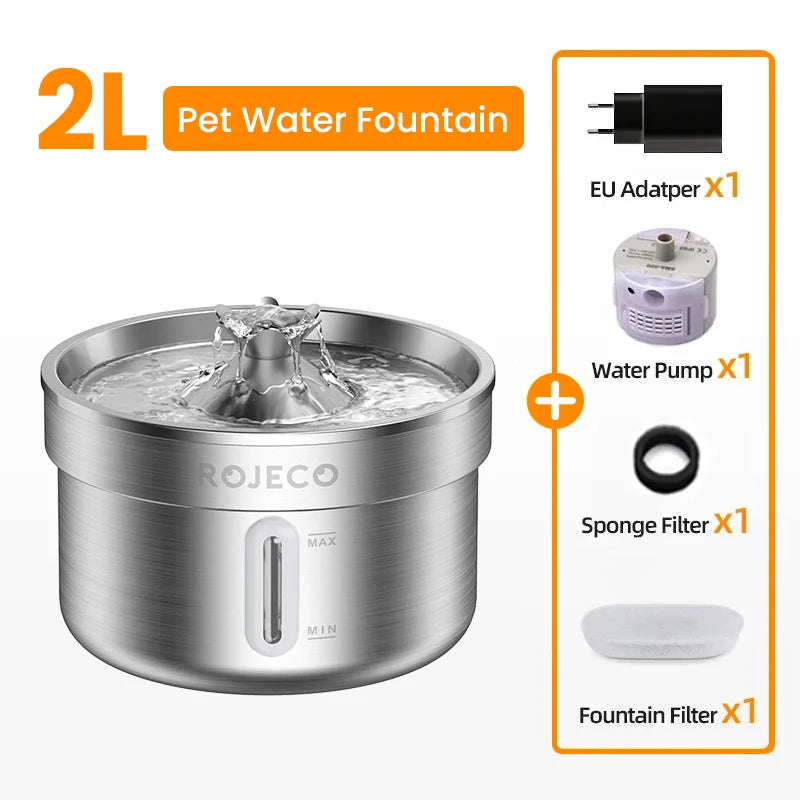 ROJECO Stainless Steel Pet Drinking Fountain Automatic Cat Water Fountain Smart Pet Water Dispenser for Dog Cat Drinking Supply