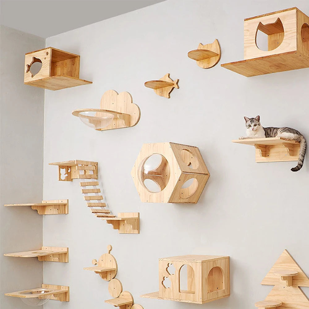 Cat Wall Climbing Shelf Steps Ladder Scratching Post Scratcher Bed Hiding House for Cats Tree Tower Pet Furniture Accessories