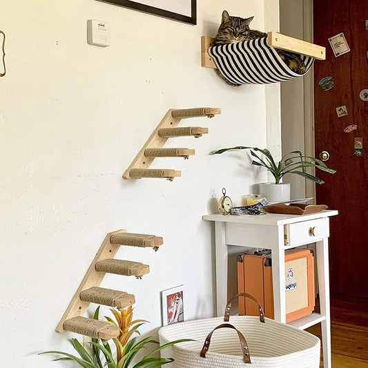 SkyLounge | Wall-Mounted Cat Hammock | Solid Wood Shelf with Rope Ladder & Scratching Post | MyArturito