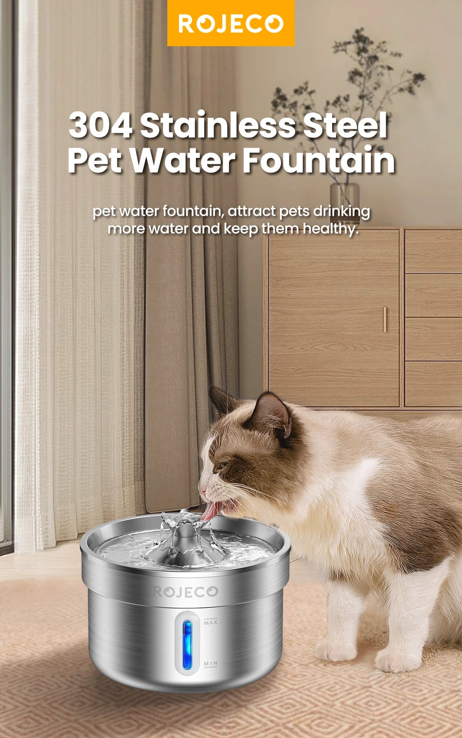 ROJECO Stainless Steel Pet Drinking Fountain Automatic Cat Water Fountain Smart Pet Water Dispenser for Dog Cat Drinking Supply