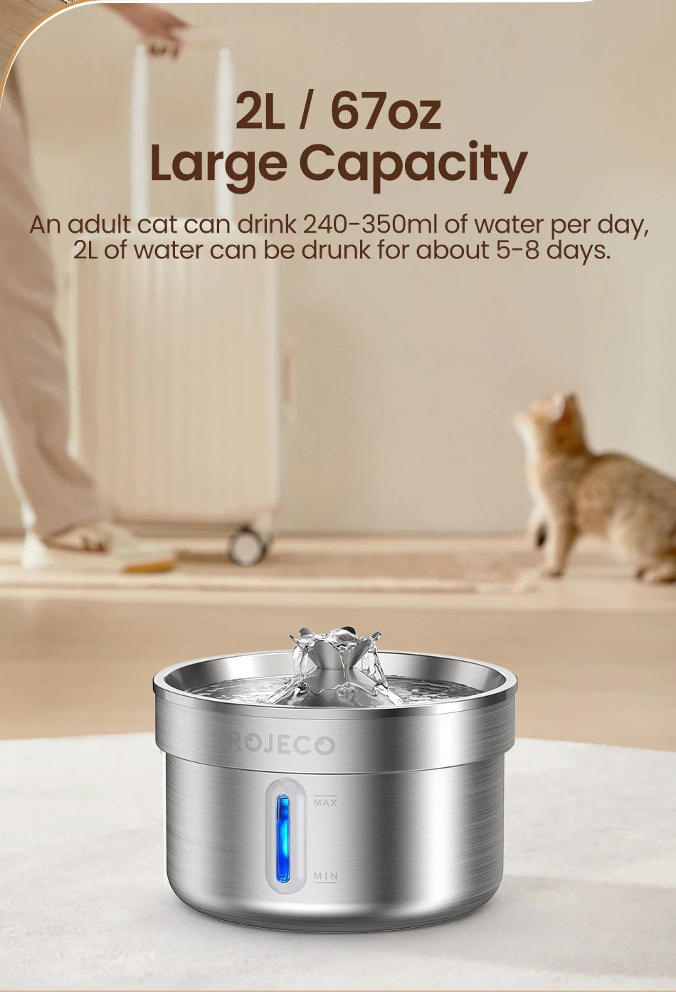 ROJECO Stainless Steel Pet Drinking Fountain Automatic Cat Water Fountain Smart Pet Water Dispenser for Dog Cat Drinking Supply