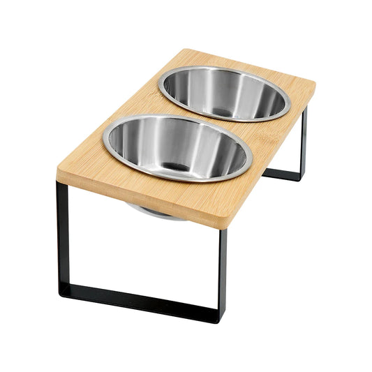 Cat Bowls 15° Tilted Elevated With Wooden Stand Stainless Steel | MyArturito