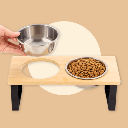 Cat Bowls 15° Tilted Elevated With Wooden Stand Stainless Steel | MyArturito