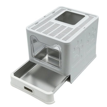 Enclosed Stainless Steel Cat Litter Box with Lid Scoop Large Litter Box Covered Top Entry Litter Pan High Sided Easy Cleaning