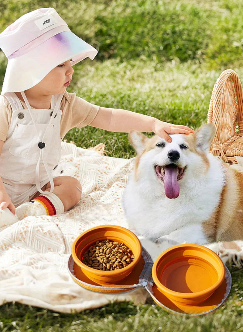 2 in 1 Foldable Pet Food Bowl Portable Silicone Puppy Dual Bowl Outdoor Travel Dog Drinking Bowl Folding Cat Bowls Dog Bowls