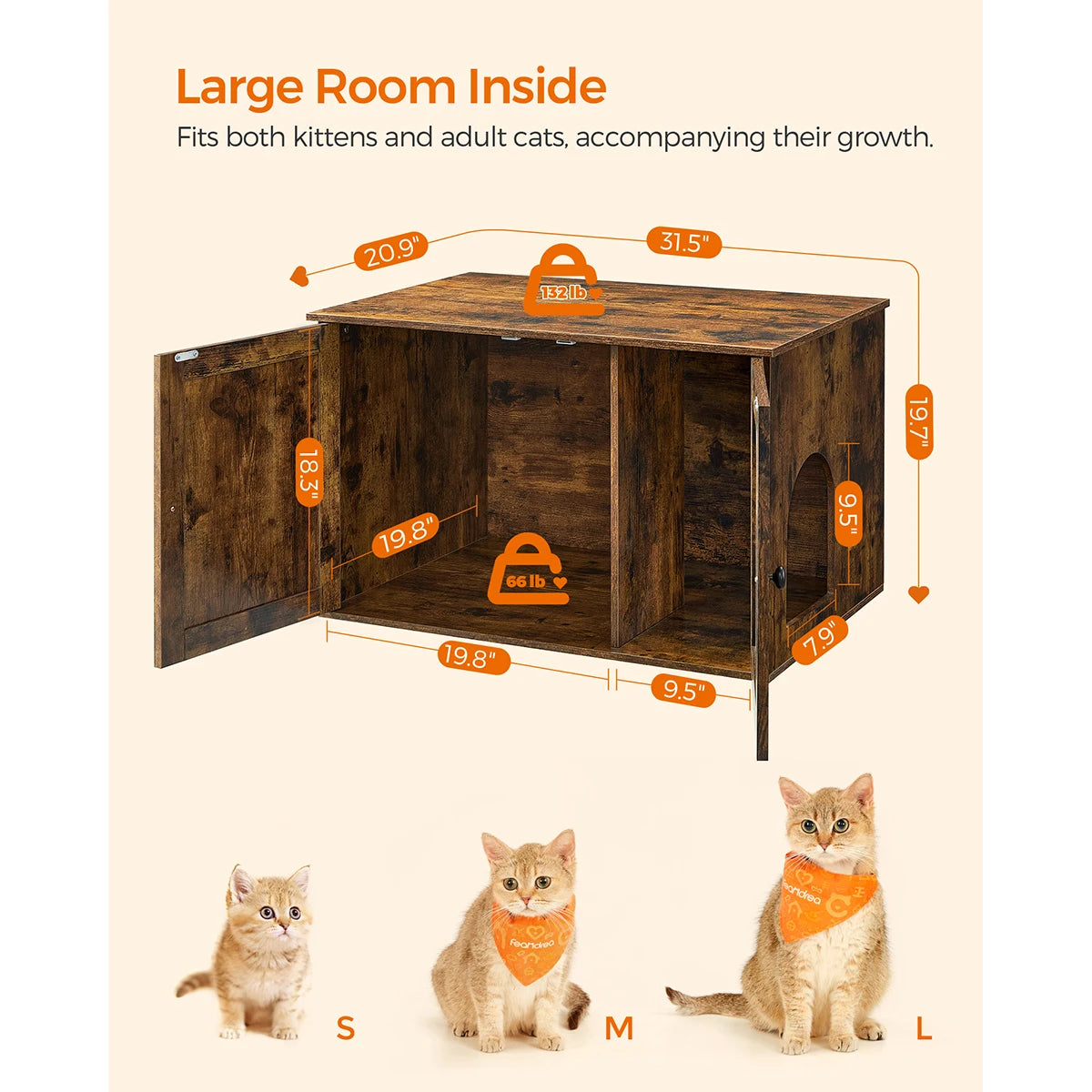Feandrea Cat Litter Box Enclosure, Hidden Litter Box Furniture with Removable Divider, End Table, Indoor Cat House