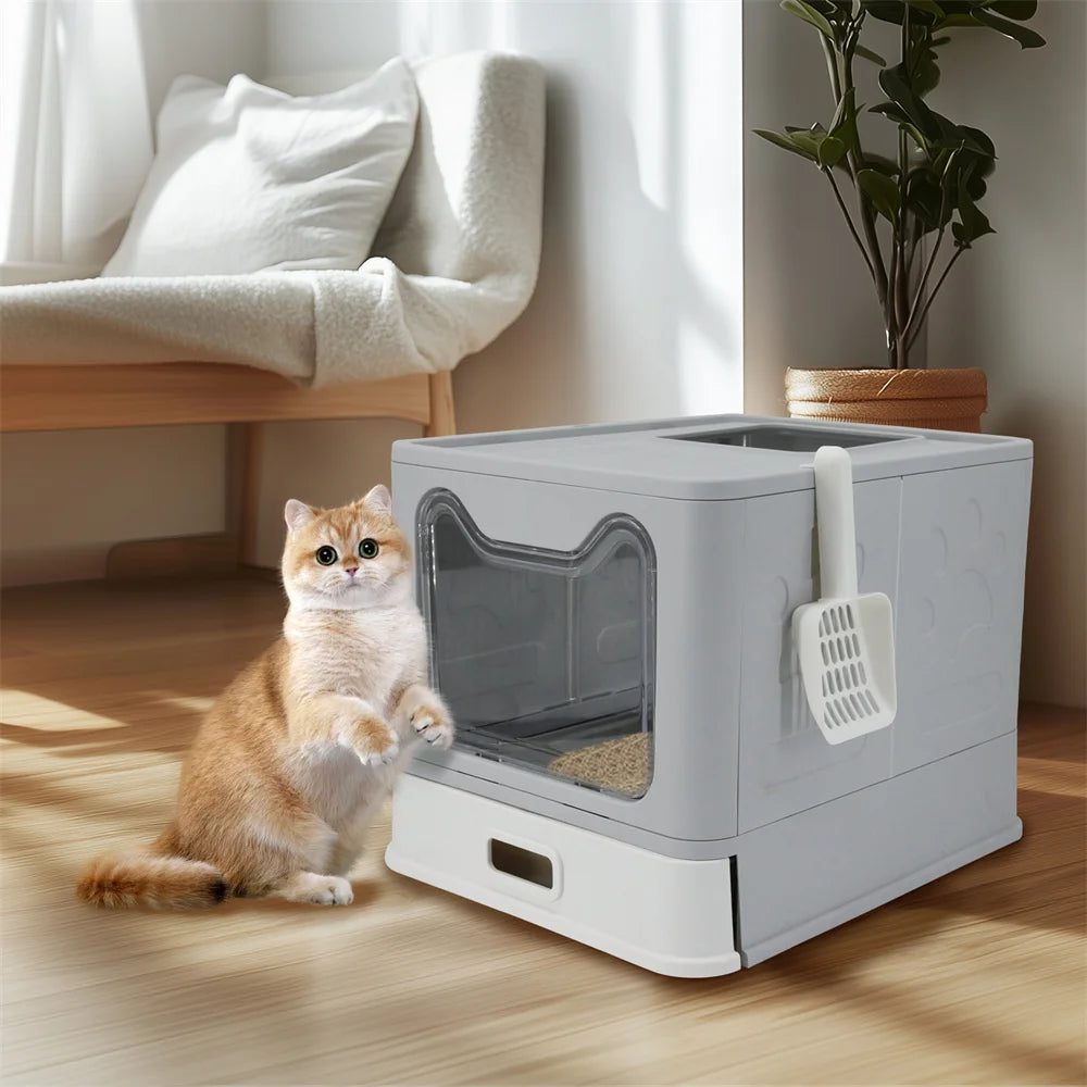 Enclosed Stainless Steel Cat Litter Box with Lid Scoop Large Litter Box Covered Top Entry Litter Pan High Sided Easy Cleaning