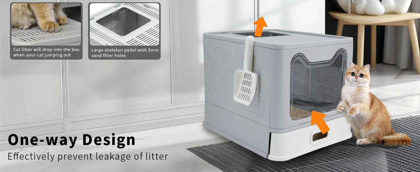 Enclosed Stainless Steel Cat Litter Box with Lid Scoop Large Litter Box Covered Top Entry Litter Pan High Sided Easy Cleaning