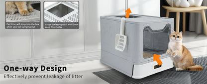 Enclosed Stainless Steel Cat Litter Box with Lid Scoop Large Litter Box Covered Top Entry Litter Pan High Sided Easy Cleaning
