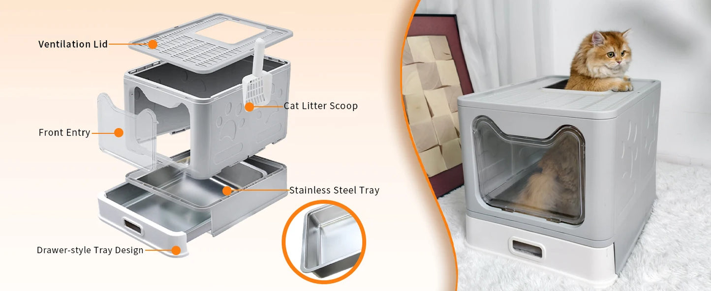 Enclosed Stainless Steel Cat Litter Box with Lid Scoop Large Litter Box Covered Top Entry Litter Pan High Sided Easy Cleaning