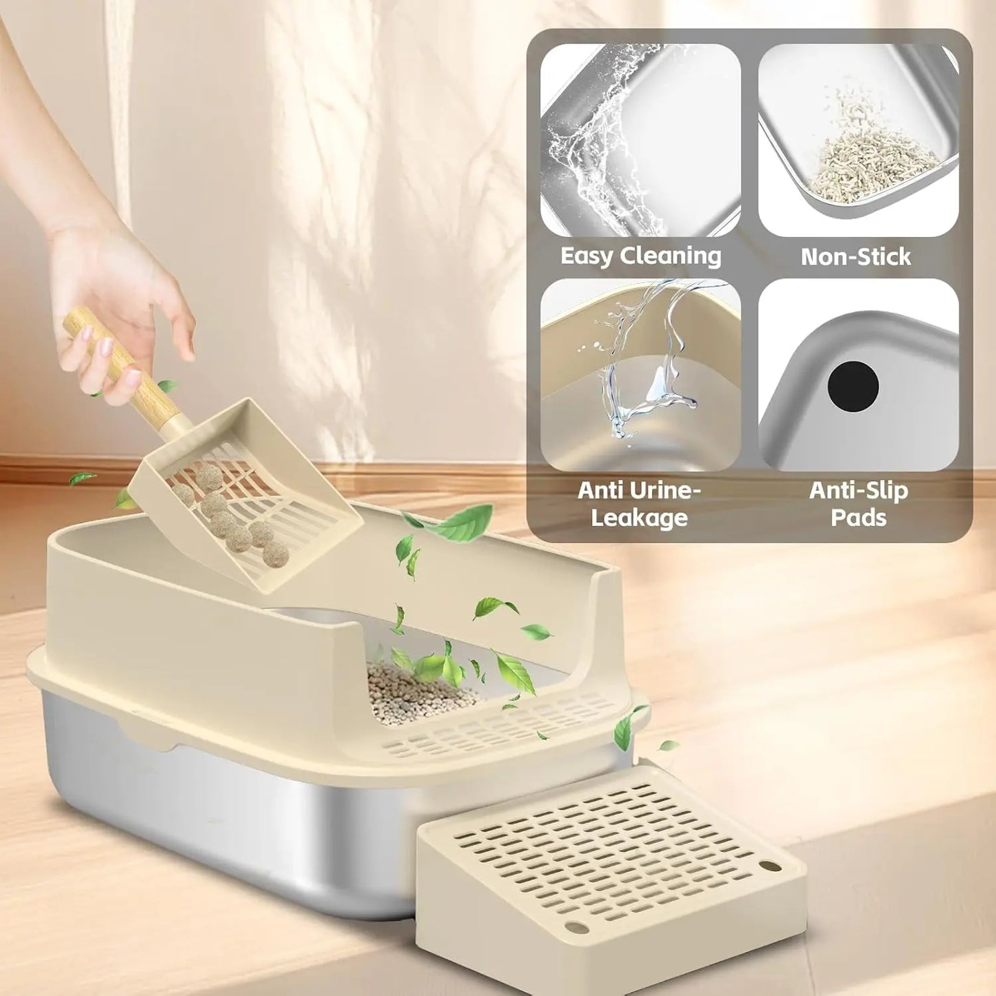 Removable Litter Box for Big/Multiple Cats, High Sides Kitty Litter Pan,Leak-Proof  Extra Large Enclosed Litter Pan Easy Clean