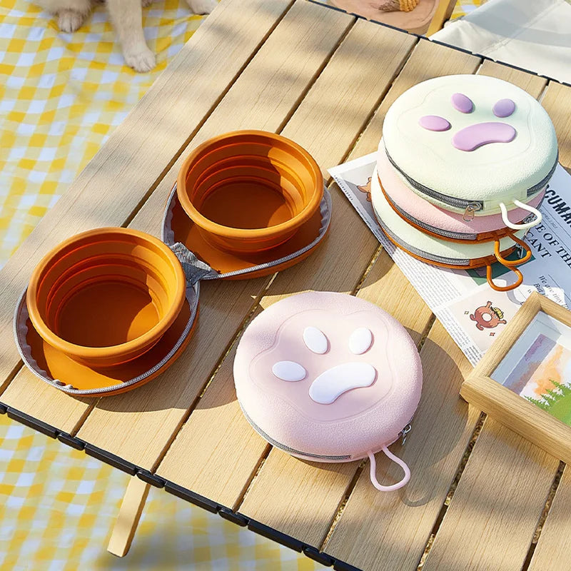 2 in 1 Foldable Pet Food Bowl Portable Silicone Puppy Dual Bowl Outdoor Travel Dog Drinking Bowl Folding Cat Bowls Dog Bowls