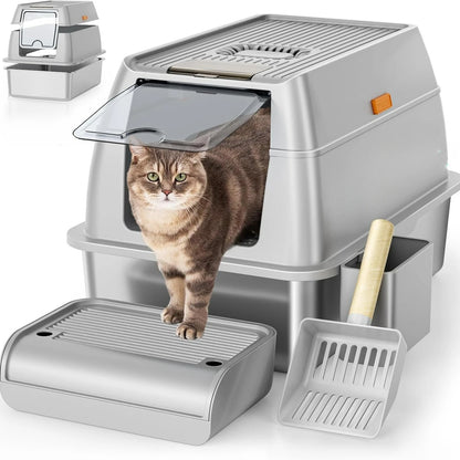 Removable Litter Box for Big/Multiple Cats, High Sides Kitty Litter Pan,Leak-Proof  Extra Large Enclosed Litter Pan Easy Clean
