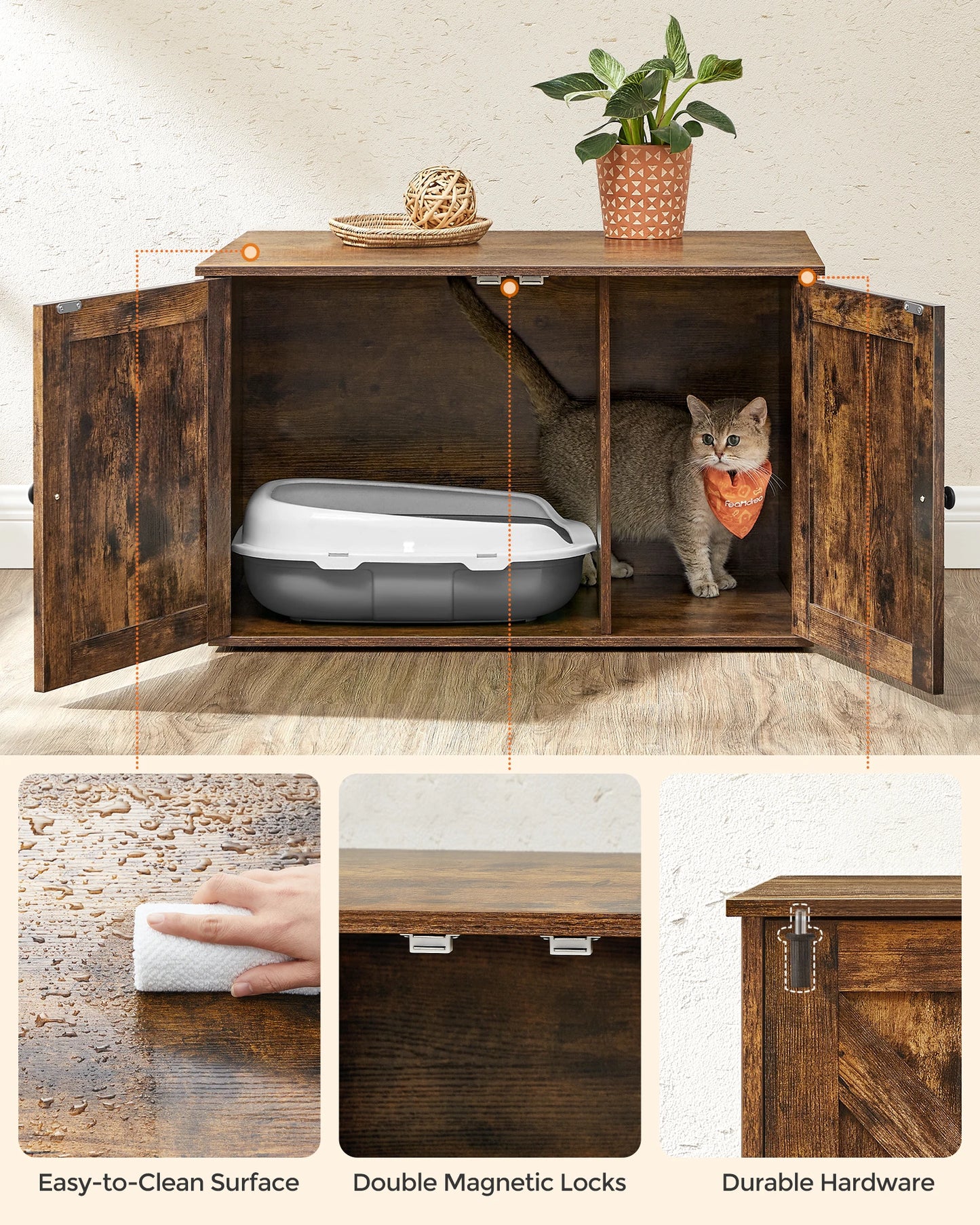 Feandrea Cat Litter Box Enclosure, Hidden Litter Box Furniture with Removable Divider, End Table, Indoor Cat House