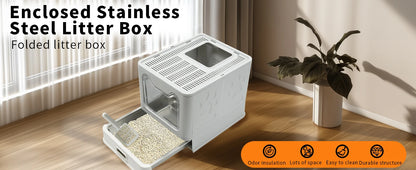 Enclosed Stainless Steel Cat Litter Box with Lid Scoop Large Litter Box Covered Top Entry Litter Pan High Sided Easy Cleaning