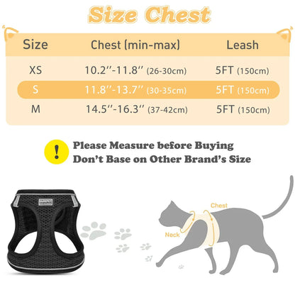 Cat Harness and Leash for Walking, Escape Proof, Adjustable Kitten Vest, Reflective Soft Mesh, Puppy Harness for Outdoor